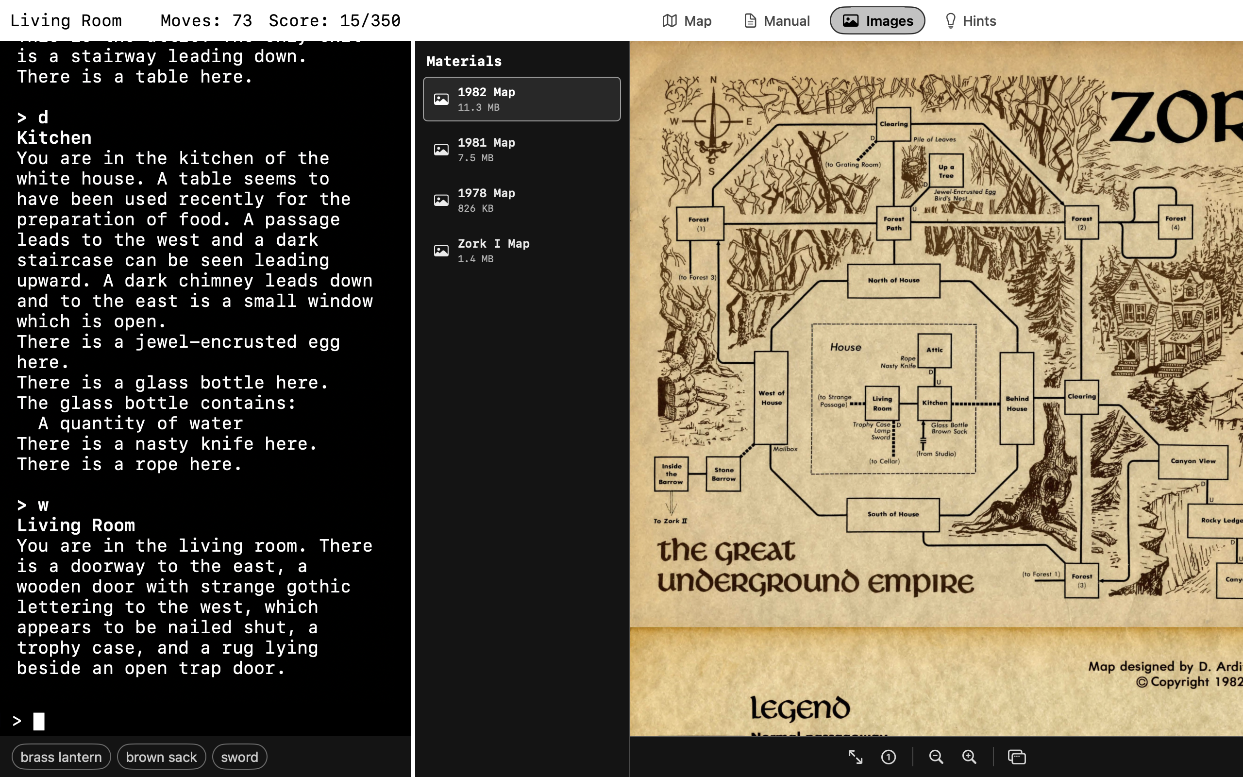 Cairn play window with image materials and a scanned Zork map beside the transcript