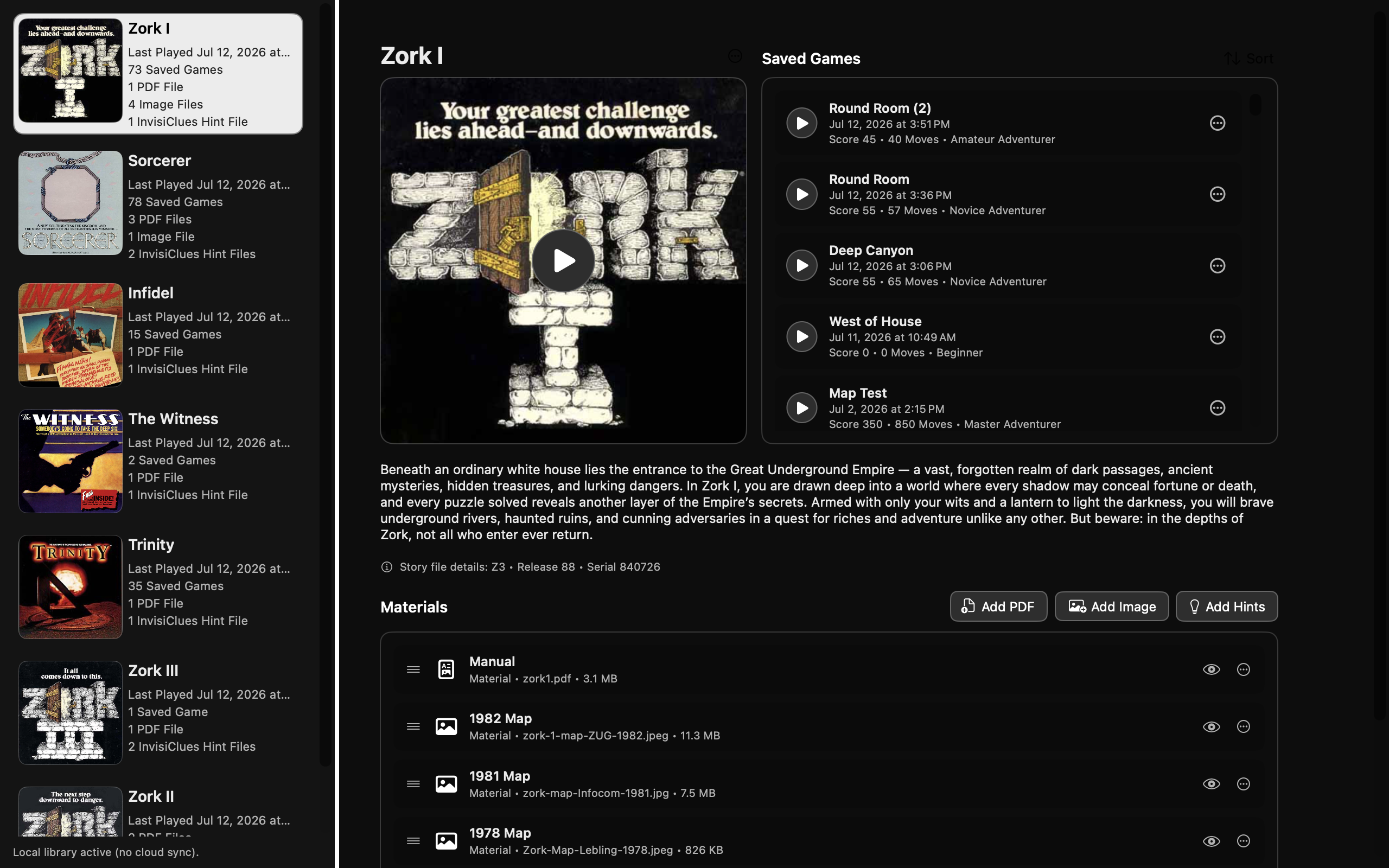 Cairn library with stories, saved games, and metadata